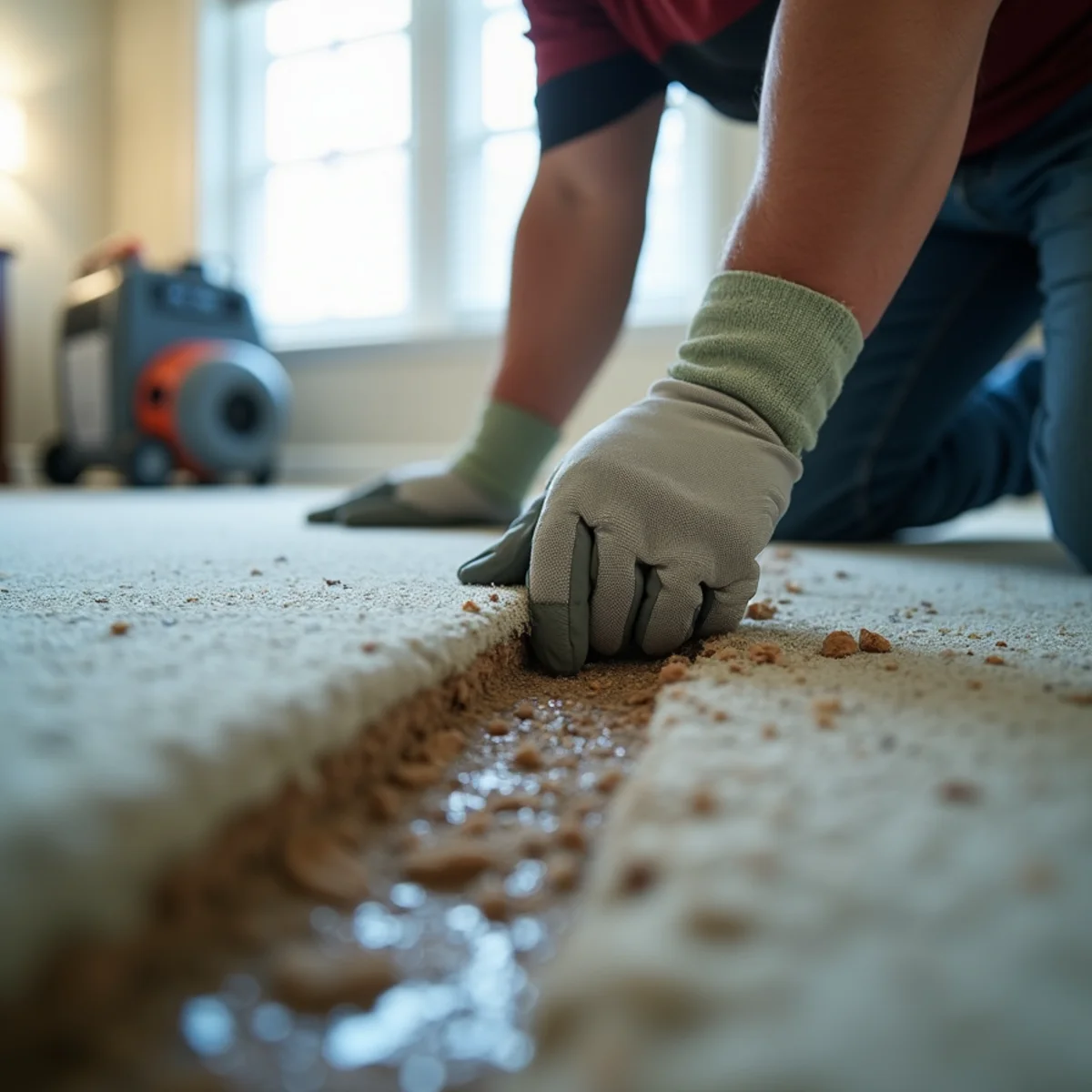Wet carpet being lifted to check the padding after water damage in a Florida home