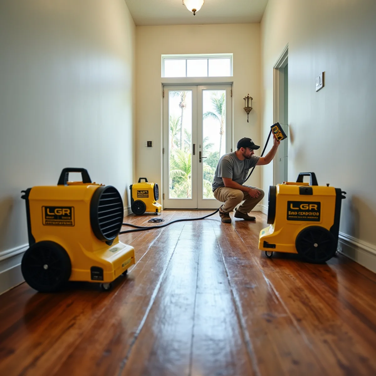 Air movers and a dehumidifier drying a water-damaged floor in a South Florida home