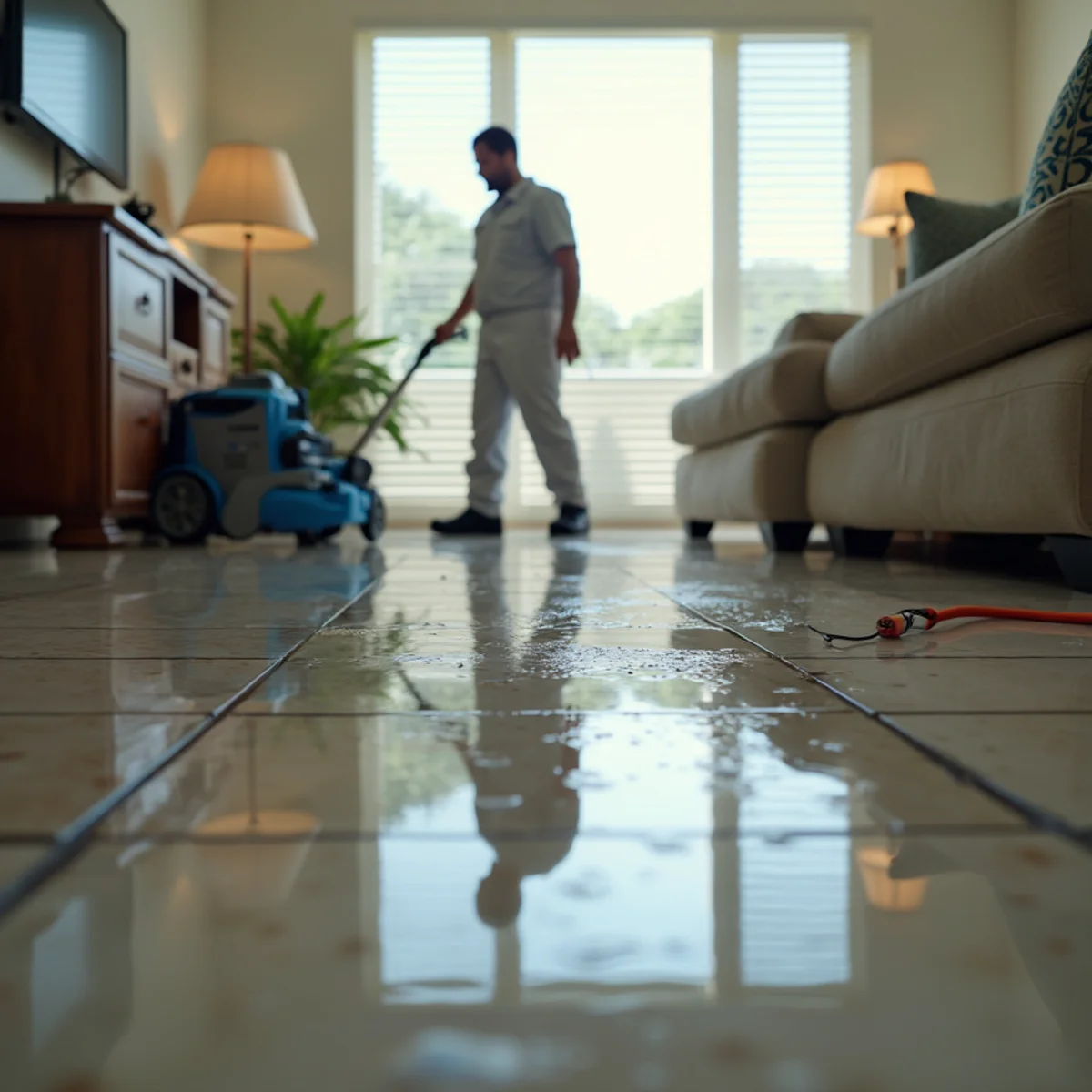 Standing water pooled on the floor of a South Florida home