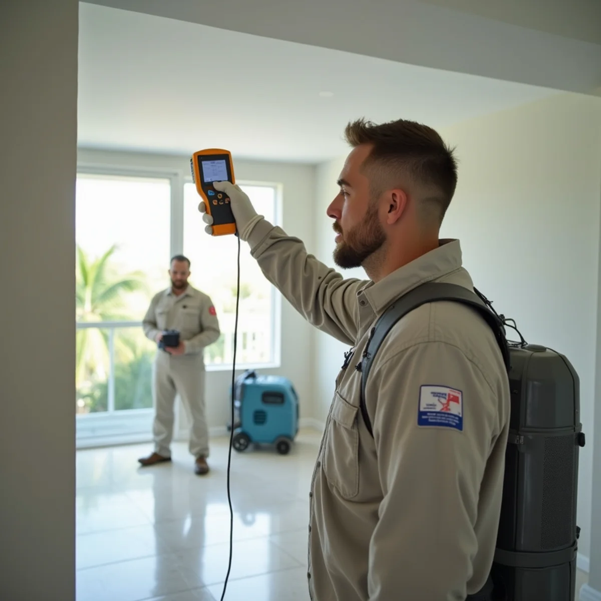 Restoration technician inspecting water damage with a moisture meter in a Miami home