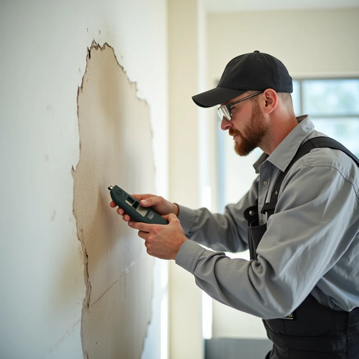 Section of water-stained drywall being inspected for repair or replacement in a Miami home